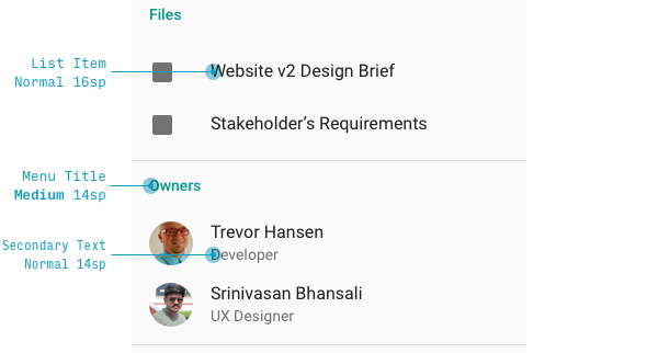 list items in a Material Design mobile app
