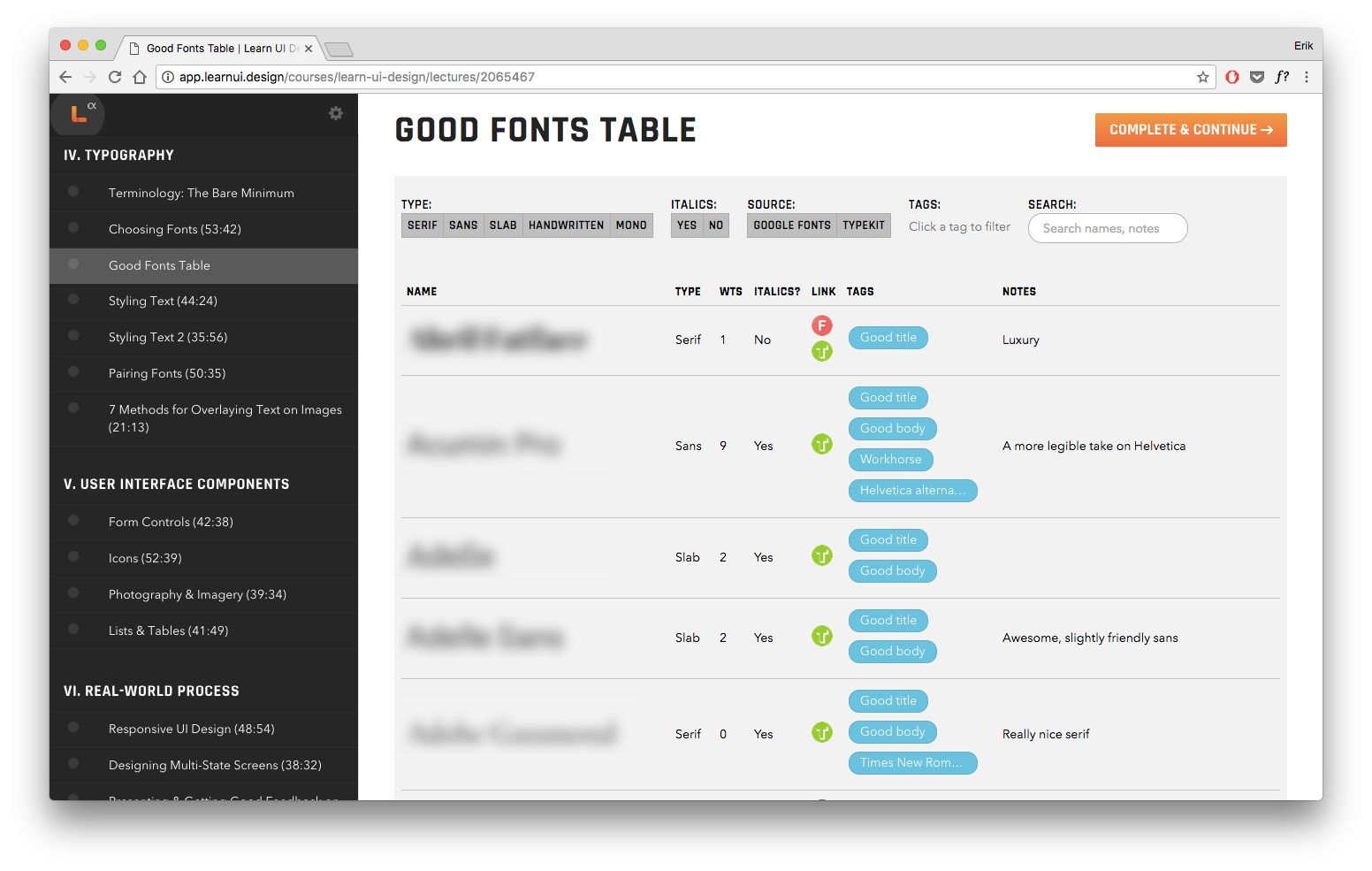 table of good free or cheap fonts in Learn UI Design