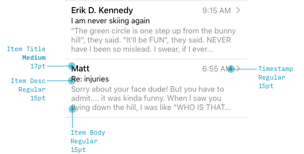iOS email list font sizes