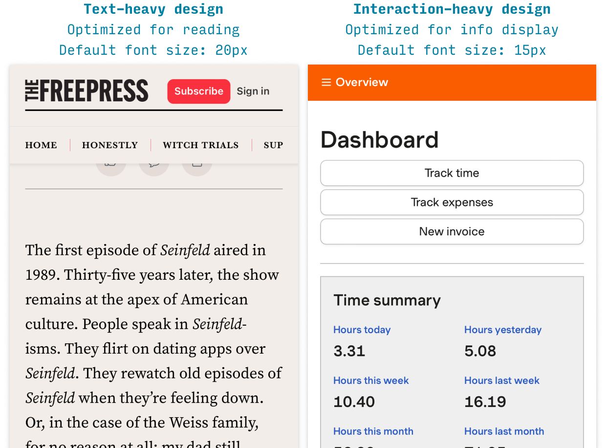 font sizes in text-heavy vs. interaction-heavy mobile web pages