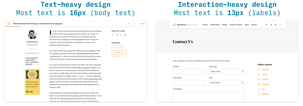 font sizes in text-heavy vs. interaction-heavy web pages
