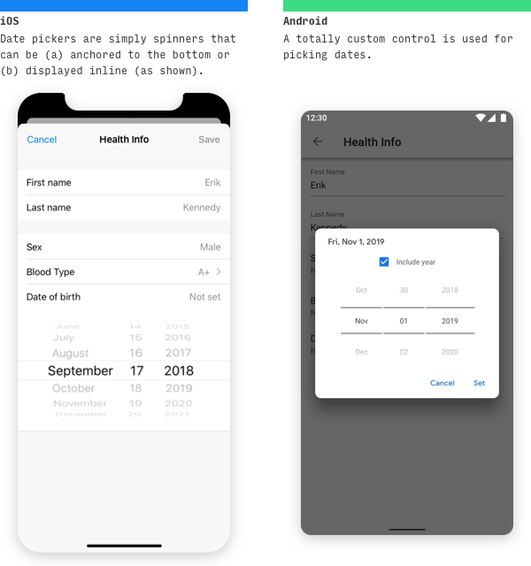 iOS vs Android date control UI differences