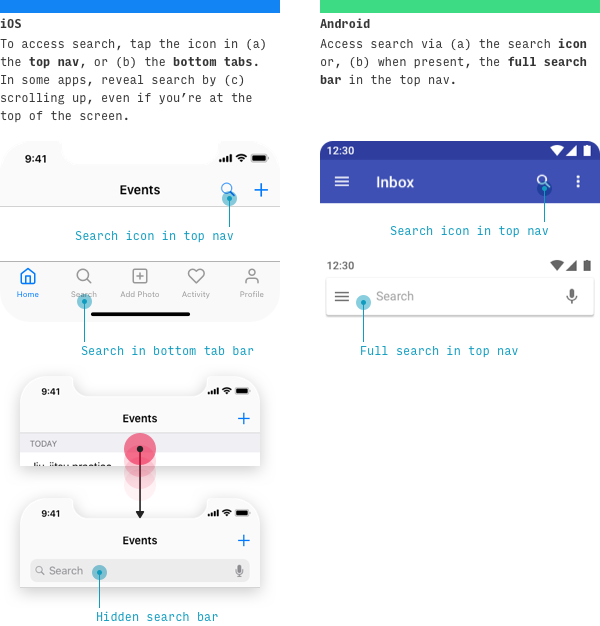 iOS vs Android search access UI differences