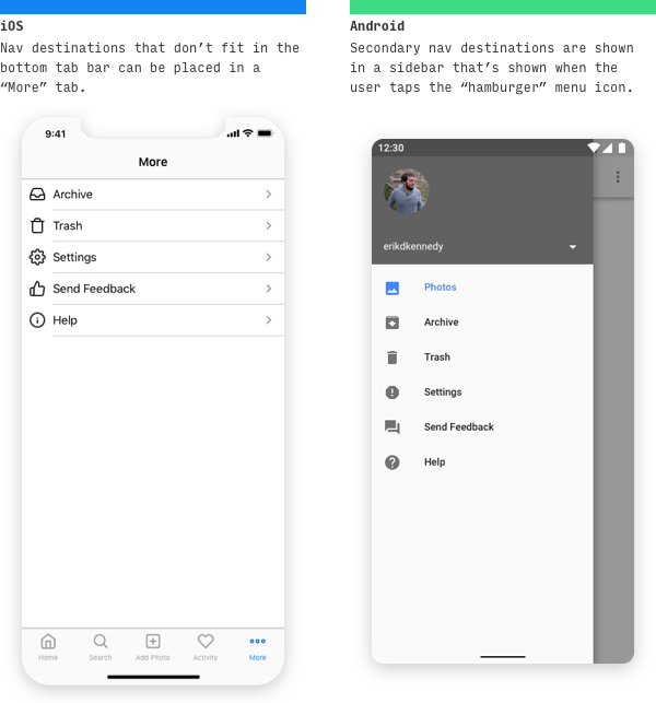 iOS vs Android secondary nav UI differences