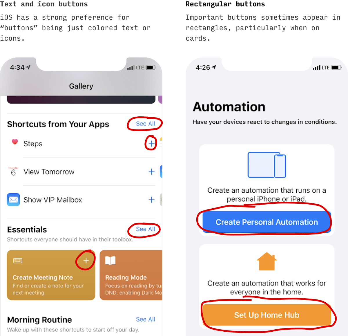 iOS buttons on page cards, icons, and text