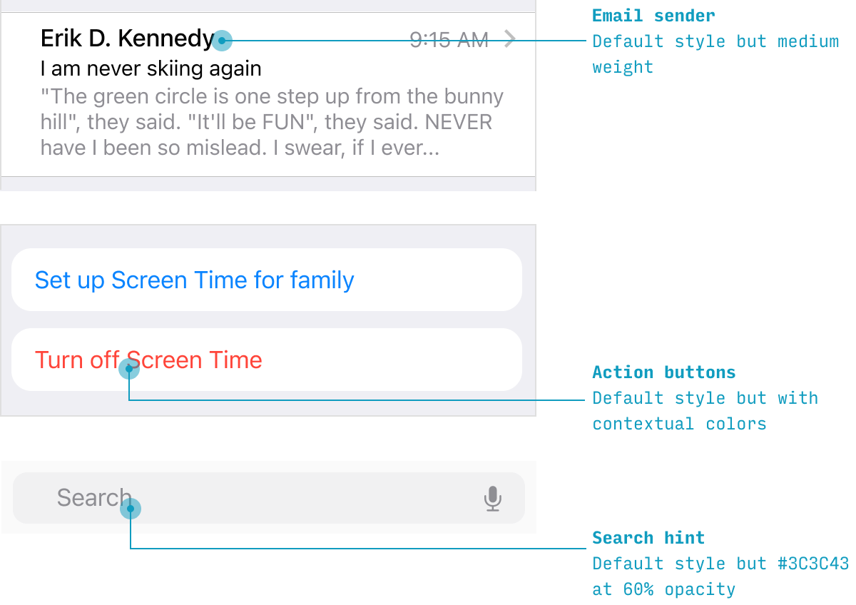 variations of the default text styling for iOS app design
