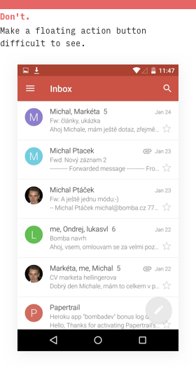 3rd law of locality demo in Gmail for Android with invisible floating action button